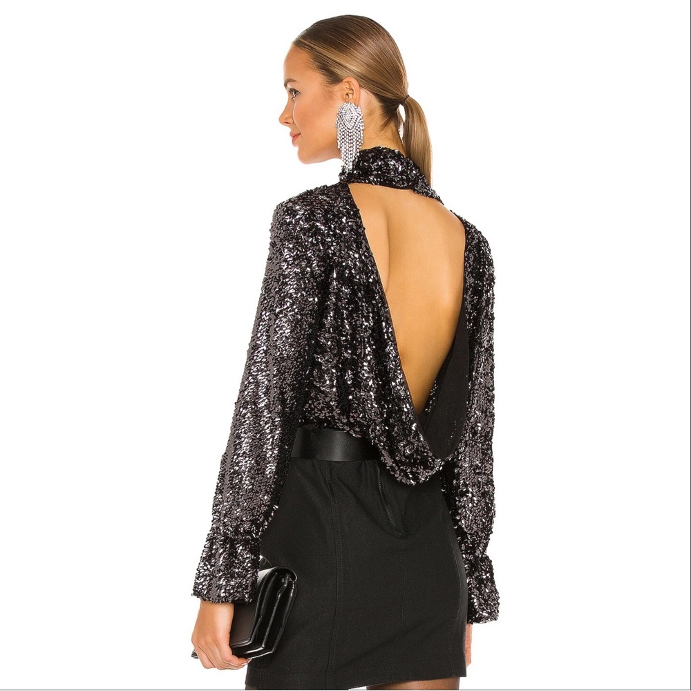 New Free People Black Sequins Moonstruck Mock Neck Open Drape Back Size XS